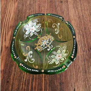 Vtg Rare Venetian Glass Green Gold Hand Paint  Ashtray Trinket Dish